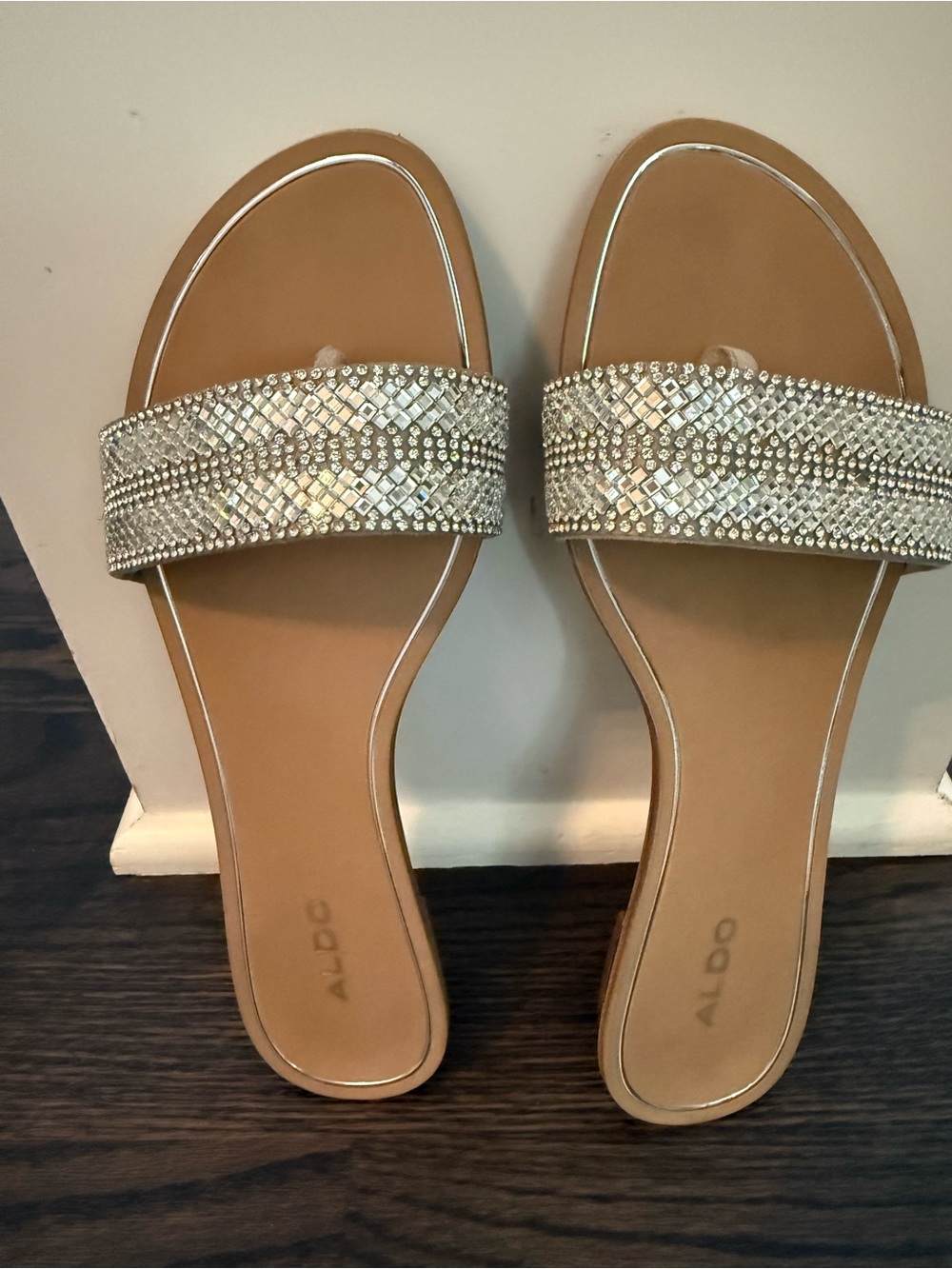 ALDO Tan Slide Sandals with Crystal-Embellished Strap